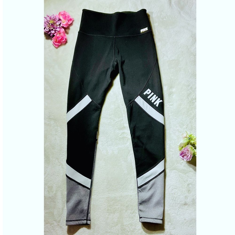 Victoria's Secret PINK Ultimate Black Gray Logo Spellout Black Stripe Leggings